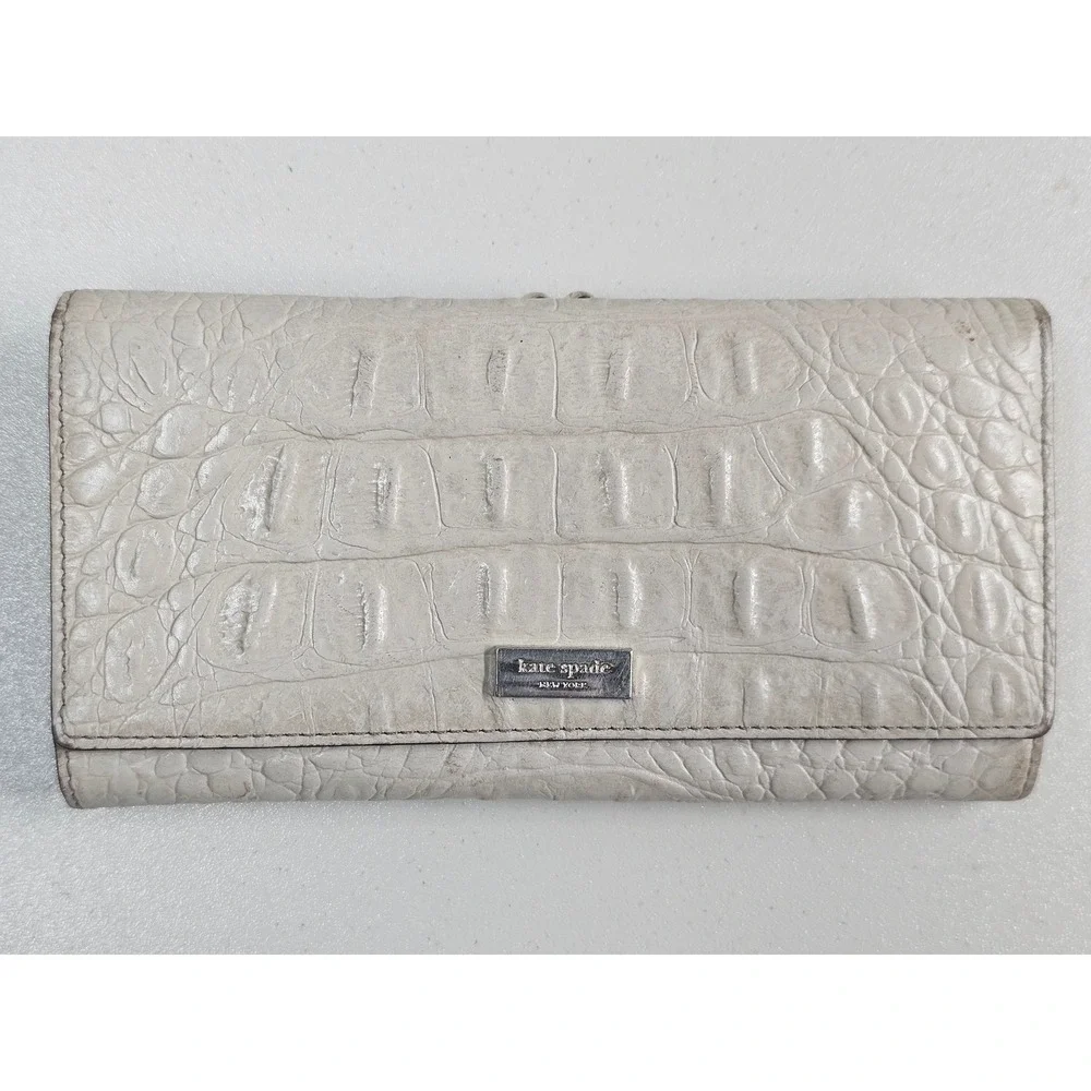 Kate Spade New York Cream Crocodile Embossed Leather Trifold Kiss Lock Wallet